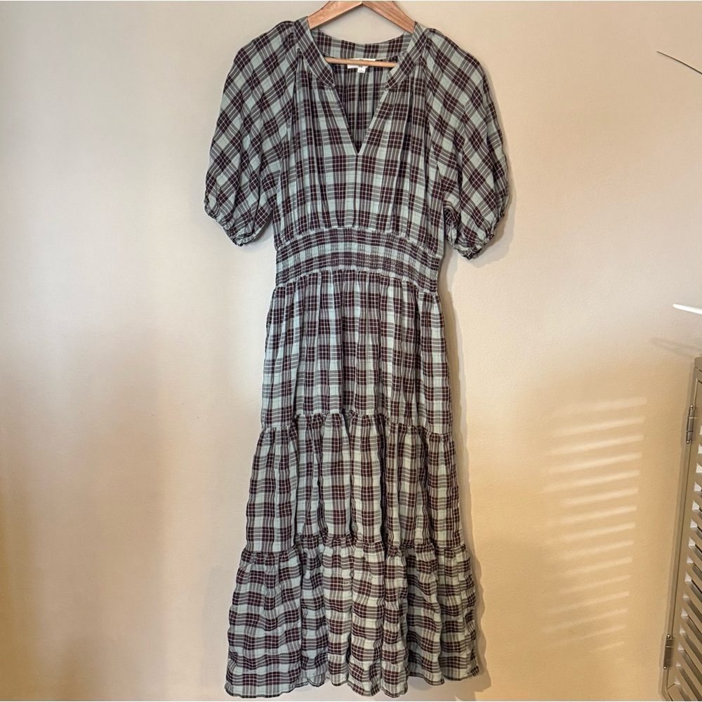 Entro Plaid Puff Sleeve Women’s Midi Dress with V-neckline Size Large - Picture 4 of 7